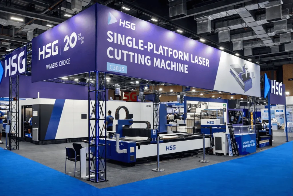 Premium HSG exhibition stand at IMTOF Chennai designed by Interior Today