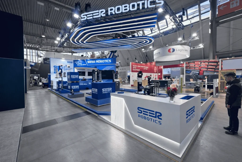 Premium Blue and White booth design at Logimat 2026 Germany by Interior Today